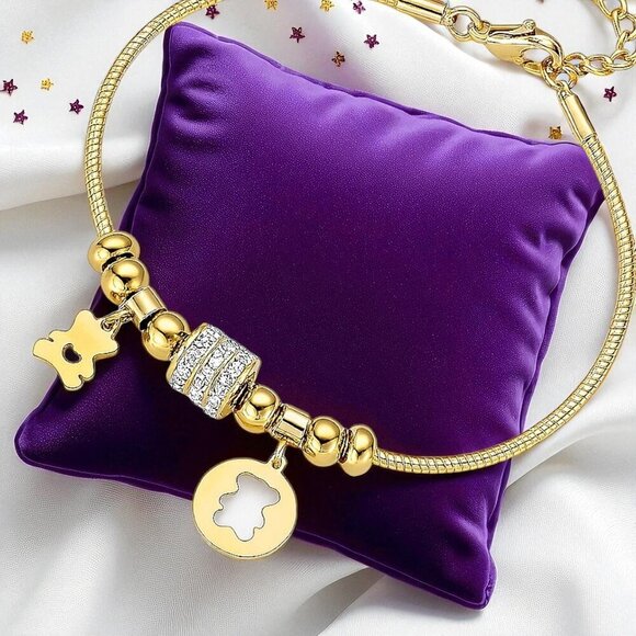 🆕️18K Gold Plated Bear Charm Bracelet with Sparkling Rhinestones & Beads 💫🐻 - Picture 5 of 11